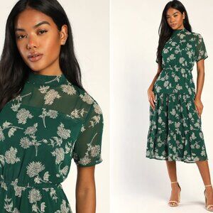 Lulus Floral Dressed Up Dark Green Floral Print Midi Dress - Size M